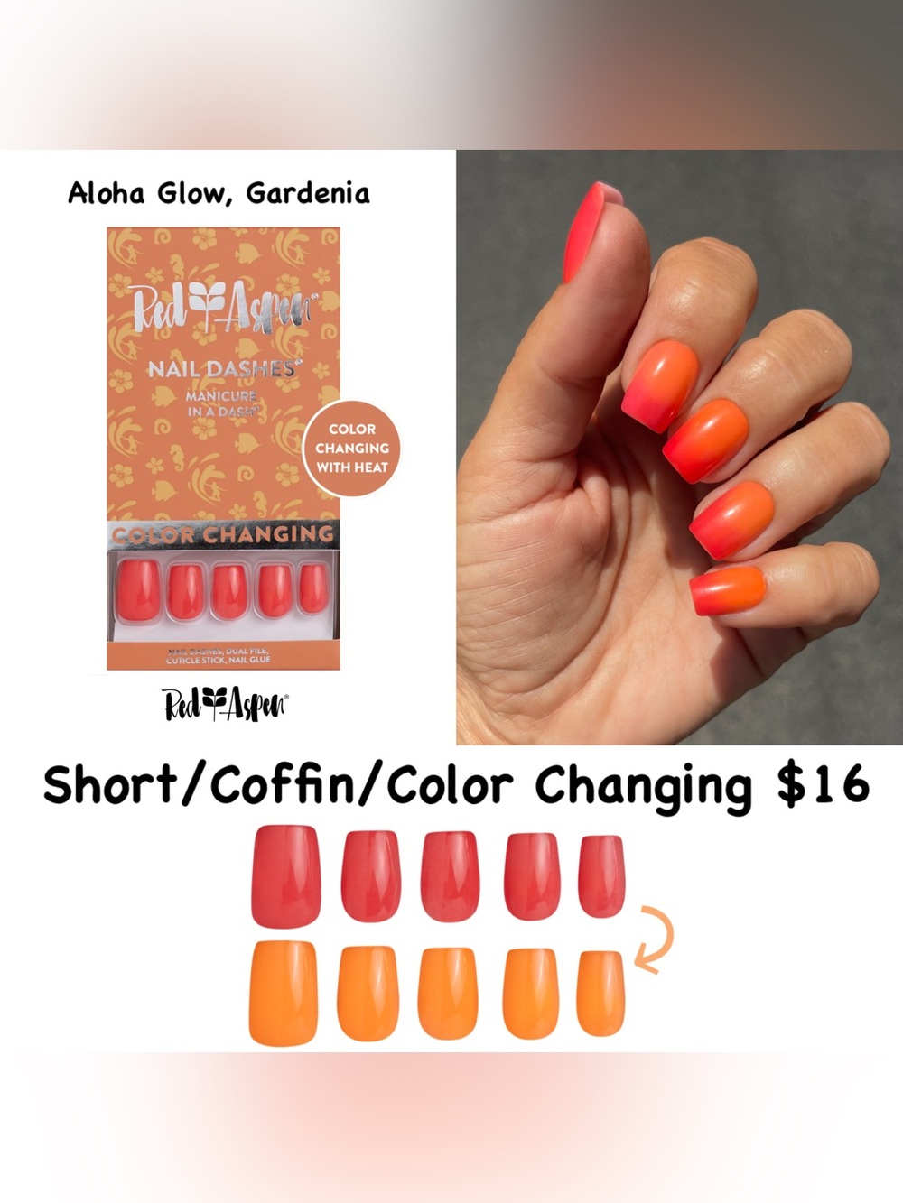 Color-Changing Coral to Orange Coffin Press-On Nails
